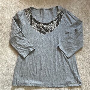 Coldwater Creek Gray Scoop Neck Long Sleeve Top with Sequin Accent Sz L/14